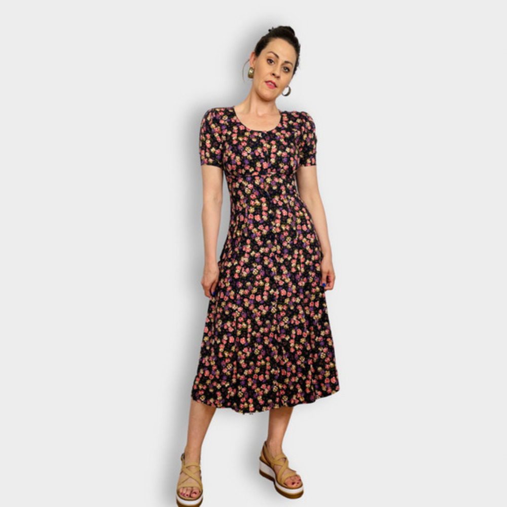 Vintage 90s Ulterior Motives Navy Pink Purple Cream Floral Maxi Dress